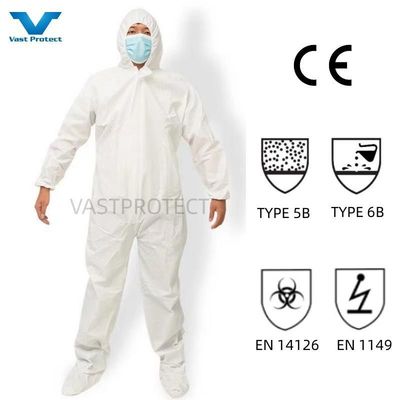 VPT621 산업용 안전용 PPE 방수 흡수 화학용 흰색 일회용 복장