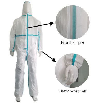 55GSM-70GSM 앞 Zipper 일회용 SMS Hooded Coverall 스틱 스트립 CE 타입5 6