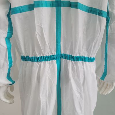 55GSM-70GSM 앞 Zipper 일회용 SMS Hooded Coverall 스틱 스트립 CE 타입5 6
